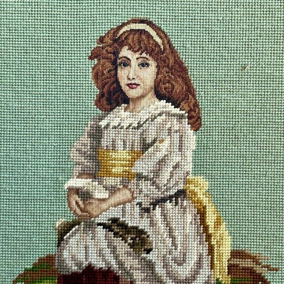 Vintage Needlepoint Portrait of Colonial Woman in Dress in Gold Frame - Picture 10 of 11